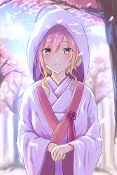 Rule 34 | 1girl, bad id, bad pixiv id, blonde hair, blue sky, blurry, blush, bride, cherry blossoms, cloud, day, depth of field, gradient hair, hand fan, highres, hijiri byakuren, japanese clothes, jewelry, kimono, long hair, looking at viewer, multicolored hair, own hands together, parted lips, purple eyes, ring, sky, smile, solo, touhou, uchikake, ucukrtz, wedding band