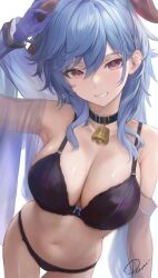 Rule 34 | 1girl, alternate costume, arm up, bare shoulders, bell, black bra, black choker, black panties, blue bow, blue hair, bow, bow bra, bra, breasts, choker, cleavage, commentary, cowbell, cowboy shot, english commentary, ganyu (genshin impact), genshin impact, gloves, goat horns, grin, hair between eyes, highres, horns, large breasts, long hair, navel, neck bell, panties, preview (preview0), purple eyes, purple gloves, see-through, see-through sleeves, sidelocks, signature, simple background, smile, solo, stomach, teeth, underwear, white background