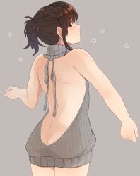 Rule 34 | 1girl, ass, back, backless outfit, blush, brown eyes, brown hair, butt crack, gintama, halterneck, highres, kobaji, looking at viewer, looking back, meme attire, profile, ribbed sweater, shimura tae, short ponytail, solo, sweater, virgin killer sweater