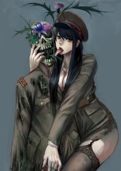 Rule 34 | 1girl, black eyes, black hair, black legwear, breasts, cleavage, flower, garter straps, grey background, hat, highres, hug, jittsu, licking, long hair, long tongue, looking at viewer, medium breasts, military, military hat, military uniform, open mouth, original, saliva, simple background, skeleton, solo, tongue, tongue out, uniform