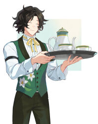 Rule 34 | 1boy, ^ ^, black hair, black pants, closed eyes, commentary request, cowboy shot, cup, fire emblem, fire emblem engage, floral print, green vest, highres, holding, holding tray, louis (fire emblem), male focus, mikami, neck ribbon, nintendo, pants, ribbon, shirt, short hair, smile, solo, standing, teacup, teapot, tray, vest, white shirt, yellow ribbon