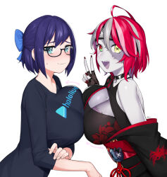 Rule 34 | 2girls, a-chan (1st costume) (hololive), a-chan (hololive), ahoge, alternate breast size, black shirt, blue bow, blue eyes, blue hair, blush, bow, breast press, choker, colored skin, dasdokter, glasses, grey hair, grey skin, hair bow, heterochromia, highres, hololive, hololive indonesia, japanese clothes, kimono, kureiji ollie, kureiji ollie (new year), multicolored hair, multicolored skin, multiple girls, ninja, off shoulder, open mouth, patchwork skin, pink hair, red eyes, red hair, shirt, short hair, stitched face, stitches, symmetrical docking, v, virtual youtuber, white background, yellow eyes, zombie