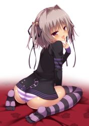 Rule 34 | 1girl, absurdres, ass, bell, blush, breasts, fang, finger to mouth, gradient eyes, grey hair, hair bell, hair ornament, hair ribbon, hapymaher, highres, looking at viewer, looking back, multicolored eyes, naitou maia, no pants, panties, purple panties, red eyes, ribbon, short hair, simple background, slit pupils, small breasts, solo, striped clothes, striped panties, striped thighhighs, tan, thighhighs, underwear, yellow eyes, yuzu modoki