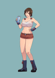 Rule 34 | 1girl, absurdres, black footwear, black gloves, blue background, boots, brown eyes, brown hair, cargo shorts, cirenk, collarbone, commission, cross-laced footwear, fingerless gloves, full body, gloves, highres, kazama asuka, lace-up boots, looking at viewer, namco, navel, parted lips, short hair, shorts, simple background, solo, sweat, tekken, tomboy, tongue, tongue out
