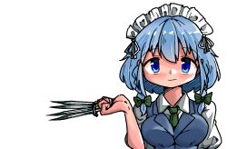 Rule 34 | 1girl, between fingers, blue eyes, blue hair, blue jacket, bow, braid, breasts, closed mouth, green bow, green necktie, hair bow, hair ribbon, highres, holding, holding knife, holding weapon, izayoi sakuya, jacket, kasuya baian, knife, knives between fingers, looking at viewer, maid, maid headdress, medium breasts, medium hair, multiple hair bows, necktie, puffy short sleeves, puffy sleeves, ribbon, ribbon-trimmed headwear, ribbon trim, short sleeves, simple background, smile, solo, touhou, twin braids, weapon, white background