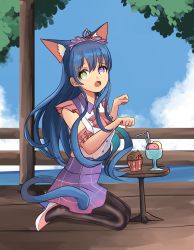 Rule 34 | 1girl, absurdres, animal ears, arm garter, artist name, artist request, bare shoulders, black legwear, blue eyes, blue hair, blue sky, blush, breasts, brown eyes, buttons, cat ears, checkered clothes, checkered skirt, cloud, collared shirt, cup, cupcake, curly hair, day, dress, female focus, food, hair between eyes, high heels, highres, long hair, looking at viewer, love live!, love live! school idol project, neckerchief, outdoors, parted lips, paw pose, pink footwear, plaid, plaid dress, plaid skirt, pleated, pleated dress, pleated skirt, purple skirt, red neckerchief, shirt, sitting, skirt, sky, smile, solo, sonoda umi, table, tiara, tree, white dress, wing collar, worried, yellow eyes