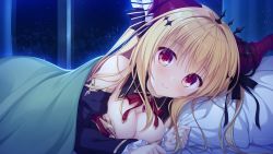 Rule 34 | 1girl, bed sheet, bedroom, black bow, black ribbon, black sleeves, blonde hair, bow, breasts, cleavage, closed mouth, detached collar, detached sleeves, diadem, dragon horns, drapri guu-ta-life, game cg, hair between eyes, hair bow, hair ribbon, haru (drapri guu-ta-life), highres, horns, large breasts, long hair, long sleeves, looking at viewer, neck ribbon, night, on bed, pillow, pov across bed, red eyes, red horns, red ribbon, ribbon, smile, solo, striped, striped bow, takano yuki (allegro mistic), under covers, white bow