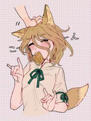 Rule 34 | 1girl, 1other, animal ears, blush, bow, breasts, brown hair, closed eyes, closed mouth, commentary request, eating, fang, fingernails, food, fox ears, fox shadow puppet, fox tail, green bow, grey romper, hair between eyes, hand on another&#039;s head, hands up, highres, kudamaki tsukasa, light brown hair, medium breasts, polka dot, polka dot background, puffy short sleeves, puffy sleeves, romper, satomachi, short hair, short sleeves, smile, tail, tofu, touhou, white background
