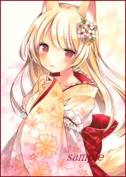 Rule 34 | 1girl, animal ears, bad id, bad pixiv id, blonde hair, blush, cherry blossoms, colored pencil (medium), floral print, flower, fox ears, fox girl, fox tail, frills, hair flower, hair ornament, japanese clothes, light smile, long hair, looking at viewer, marker (medium), obi, original, parted lips, potto, red eyes, sample watermark, sash, smile, solo, tail, traditional media, upper body, watermark