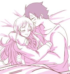 Rule 34 | 1boy, 1girl, bed, closed eyes, couple, cuddling, highres, hugging each other, long hair, monkey d. luffy, nami (one piece), one piece, rpca sho, scar, short hair, sketch, sleeping, sweater