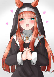 Rule 34 | 1girl, absurdres, alternate costume, animal ears, blue eyes, commentary request, hair ornament, heart, highres, horse ears, horse girl, jewelry, looking at viewer, mincan-1919, necklace, nun, open mouth, orange hair, own hands clasped, own hands together, silence suzuka (umamusume), translation request, umamusume, white background