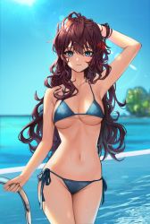 Rule 34 | 1girl, absurdres, arm up, armpits, bare arms, bare shoulders, bikini, blue bikini, blue eyes, blurry, breasts, brown hair, cleavage, cowboy shot, day, depth of field, groin, hair between eyes, halterneck, highres, holding, ichinose shiki, idolmaster, idolmaster cinderella girls, large breasts, lens flare, long hair, looking at viewer, navel, outdoors, side-tie bikini bottom, smile, solo, standing, stomach, string bikini, sunlight, swimsuit, thighs, water, wavy hair, xi xeong