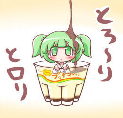Rule 34 | 1girl, blush, bow, braid, chibi, cup, female focus, food, green eyes, green hair, hair bow, in container, in cup, japanese clothes, kisume, maitora, matching hair/eyes, mini person, minigirl, pudding, pun, short hair, solo, syrup, touhou, twin braids