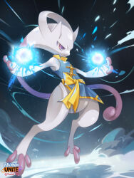 Rule 34 | bare arms, closed mouth, clothed pokemon, commentary request, creatures (company), energy ball, frown, game freak, gen 1 pokemon, highres, legendary pokemon, legs apart, mega mewtwo y, mega pokemon, mewtwo, mixed-language commentary, night, nintendo, no humans, outdoors, pokemon, pokemon (creature), pokemon unite, purple eyes, sky, sleeveless, smoke, solo, suahh, tunic