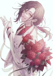 Rule 34 | 1boy, black hair, bouquet, boutonniere, buttons, collared shirt, cowboy shot, double-breasted, flower, fujikawa ua, gloves, hair ribbon, highres, holding, holding bouquet, holding ribbon, jacket, lapels, leaf, long hair, long sleeves, looking at viewer, low ponytail, male focus, monocle, necktie, nijisanji, official alternate costume, open clothes, open jacket, pants, parted lips, red flower, red rose, red shirt, ribbon, rose, shawl lapels, shellin burgundy, shirt, simple background, solo, swept bangs, tie clip, vest, virtual youtuber, white background, white flower, white gloves, white jacket, white necktie, white pants, white ribbon, white rose, white vest, yellow eyes