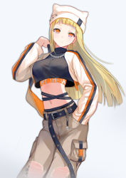 Rule 34 | 1girl, belt, black shirt, blonde hair, breasts, brown pants, closed mouth, crop top, crop top overhang, cropped jacket, gradient background, hand in pocket, hand up, jacket, large breasts, lloule, long hair, long sleeves, looking at viewer, medium breasts, midriff, mole, mole under eye, navel, open clothes, open jacket, orange eyes, original, pants, shirt, solo, standing, star (symbol), stomach, torn clothes, torn pants, white headwear