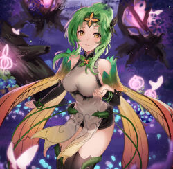 Rule 34 | 1girl, black shorts, black sleeves, black thighhighs, breasts, brown eyes, detached sleeves, elincia ridell crimea, fire emblem, fire emblem: path of radiance, fire emblem heroes, green hair, hair intakes, haru (nakajou-28), highres, long sleeves, looking at viewer, medium breasts, micro shorts, nintendo, official alternate costume, outdoors, parted lips, short hair with long locks, shorts, sidelocks, smile, solo, thighhighs