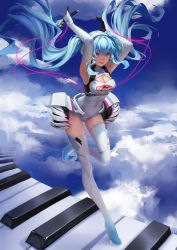 Rule 34 | 1girl, arms up, blue eyes, blue hair, boots, breasts, cloud, elbow gloves, floating hair, full body, gloves, goodsmile company, goodsmile racing, hatsune miku, highres, large breasts, long hair, looking at viewer, matching hair/eyes, microphone, piano keys, qiake, sky, smile, solo, thigh boots, thighhighs, twintails, very long hair, vocaloid