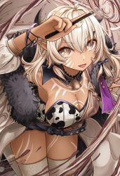 1girl animal_print bell body_markings bracelet breasts brown_eyes cleavage coat cow_girl cow_print cowbell dark-skinned_female dark_skin detached_collar facial_mark fur-trimmed_coat fur_trim highres jewelry kallou_anne_milk large_breasts looking_at_viewer okazu_umauma pointy_ears puzzle_&amp;_dragons smile thighhighs white_hair