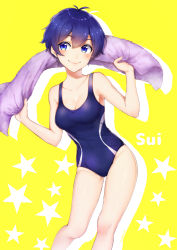 Rule 34 | 1girl, blue eyes, blue hair, breasts, character name, competition swimsuit, highres, kamishiro sui, leaning to the side, looking at viewer, looking to the side, medium breasts, mizuiro 32, one-piece swimsuit, school uniform, short hair, smile, solo, star (symbol), swimsuit, tokyo 7th sisters, towel, yellow background