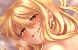 Rule 34 | 1girl, bed, blonde hair, blush, earrings, face, fairy tail, heart, heart-shaped pupils, highres, jewelry, long hair, looking at viewer, lucy heartfilia, lying, presenting, red eyes, seductive smile, smile, symbol-shaped pupils