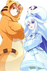 Rule 34 | 2girls, ainu clothes, animal costume, animal print, bear, black pantyhose, blue eyes, blue hat, breasts, brown eyes, brown hair, cape, crossed arms, echo (circa), fate/grand order, fate (series), fur trim, hair flaps, hair ornament, hat, hood, hood up, jaguarman (fate), long hair, long sleeves, looking at viewer, mittens, multiple girls, open mouth, pantyhose, polar bear, pom pom (clothes), pom pom hair ornament, sash, shirou (bear) (fate), shirt, sidelocks, sitonai (fate), sitonai (third ascension) (fate), skirt, small breasts, smile, tail, thighhighs, thighhighs over pantyhose, tiger costume, tiger print, white cape, white hair, white shirt, white skirt, white thighhighs
