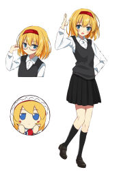 Rule 34 | 1girl, absurdres, alice margatroid, alternate costume, bespectacled, black skirt, blonde hair, blue eyes, blush, buttons, closed mouth, collared shirt, commentary request, fumo (doll), glasses, hairband, highres, loafers, long sleeves, medium hair, open mouth, pleated skirt, red hairband, school uniform, shirt, shoes, simple background, skirt, solo, touhou, tsuukinkaisoku oomiya, white background, white shirt