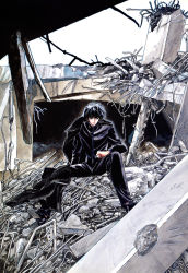 Rule 34 | 1boy, absurdres, black hair, blue eyes, clamp, closed mouth, collapsed, destruction, hand on leg, highres, long sleeves, male focus, metal, official art, pillar, industrial pipe, post-apocalypse, rubble, ruins, serious, shirou kamui, sitting, solo, spread legs, traditional media, x (manga)
