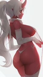 Rule 34 | 1girl, akumi (yoclesh), ass, breasts, closed mouth, colored skin, detached sleeves, from behind, highres, horns, indie virtual youtuber, large breasts, long hair, long sleeves, meme attire, panties, ponytail, profile, red skin, scar, scar on ass, scar on back, scar on face, side-tie panties, simple background, solo, thighhighs, underwear, very long hair, virgin destroyer sweater, virtual youtuber, white background, white hair, white panties, white thighhighs, yellow eyes, yoclesh