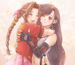 Rule 34 | 2girls, :d, aerith gainsborough, arm around neck, black hair, blush, bow, braid, braided ponytail, breasts, brown hair, closed eyes, crop top, dress, earrings, final fantasy, final fantasy vii, final fantasy vii remake, floral background, hair bow, highres, hug, jacket, jewelry, long hair, lower teeth only, multiple girls, navel, one eye closed, open mouth, parted bangs, pink bow, pink dress, red eyes, red jacket, shiori8 ff, shirt, short sleeves, skirt, smile, suspender skirt, suspenders, tank top, teeth, tifa lockhart, upper body, very long hair, white shirt, white tank top, | |