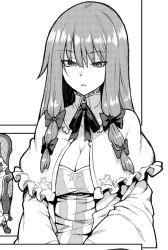 Rule 34 | 1girl, bow, breasts, capelet, cleavage, female focus, greyscale, hair bow, hiroya juuren, large breasts, long hair, looking down, monochrome, no headwear, no headwear, patchouli knowledge, solo, striped, touhou, tsurime