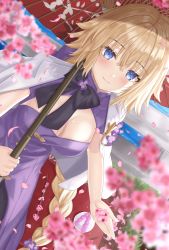 Rule 34 | 1girl, blonde hair, blue eyes, blush, breasts, cherry blossoms, cleavage, dress, fate/grand order, fate (series), flower, hair between eyes, highres, holding, holding umbrella, jeanne d&#039;arc (fate), jeanne d&#039;arc (ruler) (fate), kazama (akki12), large breasts, long hair, purple dress, smile, solo, umbrella, very long hair