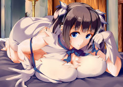 Rule 34 | 10s, 1girl, all fours, bad id, bad pixiv id, barefoot, bed, black hair, blue eyes, breast pillow, breast press, breasts, cleavage, dungeon ni deai wo motomeru no wa machigatteiru darou ka, female focus, gloves, hestia (danmachi), huge breasts, kasappi, light smile, long hair, looking at viewer, rei no himo, self pillow, skindentation, smile, solo, twintails, white gloves