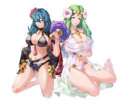 Rule 34 | 2girls, barefoot, bikini, black bikini, black vs white, blue eyes, blue hair, breasts, byleth (female) (fire emblem), byleth (female) (summer) (fire emblem), byleth (fire emblem), cleavage, closed mouth, conope, dagger, female focus, fire emblem, fire emblem: three houses, fire emblem heroes, flower, green eyes, green hair, hair flower, hair ornament, holding, knife, large breasts, long hair, matching hair/eyes, multiple girls, navel, nintendo, official alternate costume, rhea (fire emblem), sheath, sheathed, simple background, sitting, smile, swimsuit, thighs, twitter username, weapon, white background, white bikini