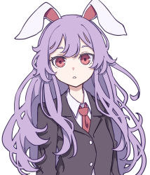 Rule 34 | 1girl, animal ears, black jacket, blazer, buttons, collared shirt, hair between eyes, highres, jacket, kame (kamepan44231), long hair, long sleeves, necktie, one-hour drawing challenge, open mouth, purple hair, rabbit ears, red eyes, red necktie, reisen udongein inaba, shirt, simple background, solo, touhou, upper body, white background, white shirt