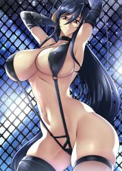 Rule 34 | 1girl, antenna hair, arms behind head, black gloves, black hair, bondage outfit, breasts, cleavage, collar, covered erect nipples, curvy, elbow gloves, female focus, fence, fishnet thighhighs, fishnets, gloves, haganef, hair ribbon, high school dxd, himejima akeno, huge breasts, long hair, looking at viewer, navel, parted lips, ponytail, revealing clothes, ribbon, skindentation, slingshot swimsuit, smile, solo, swimsuit, thick thighs, thighhighs, thighs, very long hair, wide hips, yellow ribbon