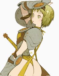 Rule 34 | 1girl, andrewcockroach, arm shield, armor, arms up, ass, bare legs, bikini armor, corrupted twitter file, elbow gauntlets, gauntlets, green eyes, green hair, hand on own head, highres, looking to the side, no pants, open mouth, original, plate armor, scabbard, sheath, shield, shield hair ornament, short hair, shoulder armor, sword, weapon