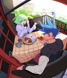 Rule 34 | 2boys, bae (baebae), black gloves, blue hair, copyright name, earrings, fire helmet, food, galo thymos, gloves, green hair, half gloves, highres, holding, holding food, holding pizza, jewelry, lio fotia, looking at viewer, looking back, male focus, mouse (animal), multiple boys, pizza, pizza slice, promare, purple eyes, sidelocks, vinny (promare)