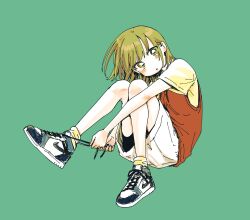 Rule 34 | 1girl, :o, commentary, full body, green background, green eyes, green hair, head tilt, highres, kouji miura, looking at viewer, nike (company), original, parted lips, red vest, shirt, shoelaces, shoes, short hair, simple background, sitting, sketch, skirt, sneakers, socks, solo, vest, white skirt, yellow shirt, yellow socks