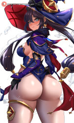 Rule 34 | 1girl, absurdres, adapted costume, alternate breast size, ass, ass focus, black hair, blue leotard, blush, breasts, capelet, enma (enmanuelart), fur-trimmed capelet, fur trim, genshin impact, gloves, green eyes, hat, highleg, highleg leotard, highres, huge ass, large breasts, leotard, long hair, looking at viewer, mona (genshin impact), solo, strapless, strapless leotard, thick thighs, thighs, twintails, witch hat