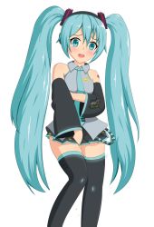Rule 34 | 1girl, aqua eyes, aqua hair, black skirt, black thighhighs, blue eyes, blue hair, blue necktie, blue shirt, blush, breast hold, breasts, crotch grab, crying, crying with eyes open, hatsune miku, have to pee, highres, leaking, long hair, makishi, matching hair/eyes, necktie, open mouth, pee, peeing, peeing self, pussy grab, shirt, skirt, solo, tears, thighhighs, twintails, vocaloid