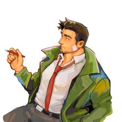 Rule 34 | 1boy, ace attorney, adam&#039;s apple, bandage on face, bandages, belt, black belt, black hair, closed mouth, coat, collarbone, collared shirt, commentary, dick gumshoe, english commentary, facial hair, goatee, green coat, grey pants, highres, holding, holding pencil, long sleeves, looking ahead, loose necktie, male focus, mature male, messyinklines, necktie, pants, pencil, red necktie, revision, shirt, short hair, sideburns, signature, solo, white background, white shirt
