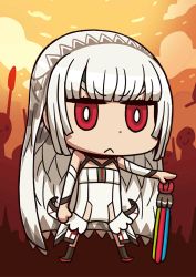 Rule 34 | &gt;:&lt;, 1girl, :&lt;, altera (fate), april fools, closed mouth, fate/grand order, fate (series), headpiece, long hair, multiple boys, official art, photon ray (fate), red eyes, riyo (lyomsnpmp), smile, smiley face, v-shaped eyebrows, weapon, white hair