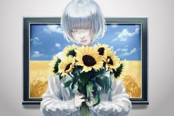Rule 34 | ambiguous gender, androgynous, bouquet, closed eyes, facing viewer, flower, holding, holding bouquet, kanopikami, long sleeves, original, shirt, short hair, solo, sunflower, ukraine, upper body, white hair, white shirt