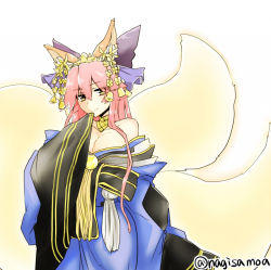 Rule 34 | 10s, 1girl, animal ears, bad id, bad pixiv id, bare shoulders, bell, breasts, cleavage, fate/extra, fate/grand order, fate (series), fox ears, fox tail, hiiragi (jhug8877), japanese clothes, kimono, large breasts, multiple tails, off shoulder, official alternate costume, pink hair, smile, solo, tail, tamamo (fate), tamamo no mae (fate/extra), tamamo no mae (third ascension) (fate), yellow eyes