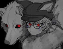 Rule 34 | 1boy, animal ears, animal hat, black background, cabbie hat, closed mouth, commentary request, facial mark, fake animal ears, fur collar, glasses, hair between eyes, hat, highres, looking at viewer, male focus, master detective archives: rain code, natto rain, red eyes, round eyewear, short hair, simple background, solo, spot color, upper body, wolf, zilch alexander