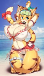 Rule 34 | 1girl, :d, animal ears, armlet, bad id, bad twitter id, beach, bikini, bikini skirt, blonde hair, blue eyes, blush, breasts, cameltoe, cat ears, cat tail, furry, furry female, goggles, happy, highres, huge breasts, mia (world flipper), multicolored hair, open mouth, see-through, short hair, smile, solo, swimsuit, tail, tailzkim, tiger girl, two-tone hair, white bikini, white hair, world flipper