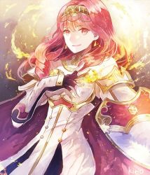 Rule 34 | 1girl, armor, cape, celica (fire emblem), dress, fingerless gloves, fire emblem, fire emblem echoes: shadows of valentia, fire emblem heroes, gloves, jewelry, long hair, nintendo, okii, open mouth, red armor, red eyes, red hair, smile, solo, tiara, white armor