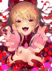 Rule 34 | 1girl, absurdres, blonde hair, breasts, cleavage, flower, granblue fantasy, hair ribbon, highres, kuzuno ha, large breasts, looking at viewer, open mouth, outstretched hand, petals, ribbon, rose, rose petals, solo, torn clothes, vira (granblue fantasy), white background