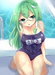 Rule 34 | 1girl, bespectacled, breasts, competition school swimsuit, competition swimsuit, frog hair ornament, glasses, green eyes, green hair, hair ornament, hair tubes, kneeling, kochiya sanae, long hair, matching hair/eyes, one-piece swimsuit, open mouth, paragasu (parags112), pool, school swimsuit, semi-rimless eyewear, snake hair ornament, solo, swimsuit, touhou, under-rim eyewear, water, wet, wet clothes, wet swimsuit